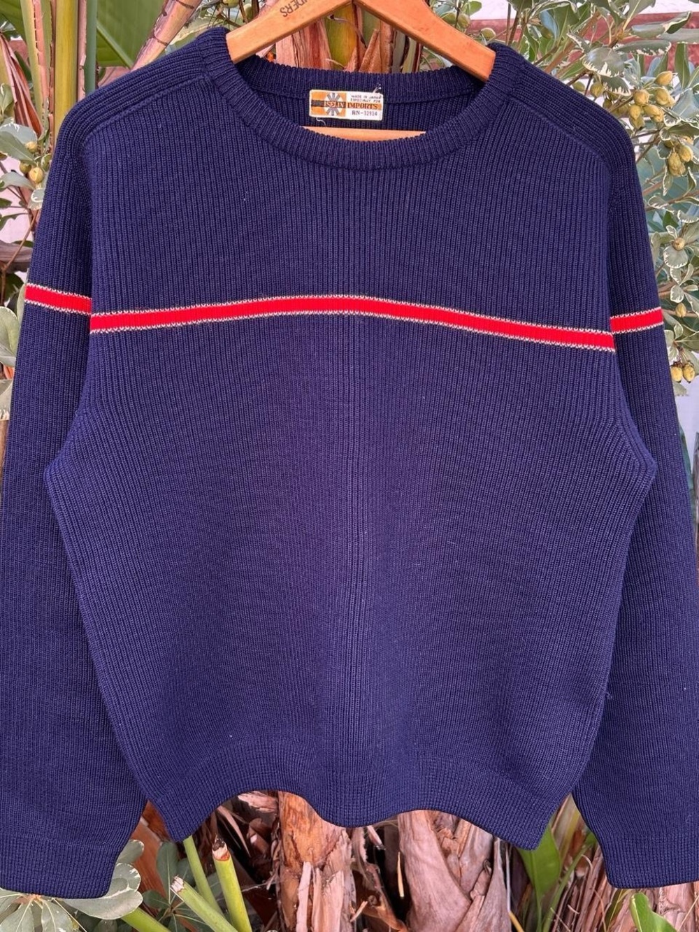Vintage 1980s Iselin Imports Japan Navy Stripe Crewneck Knit Sweater Men’s M